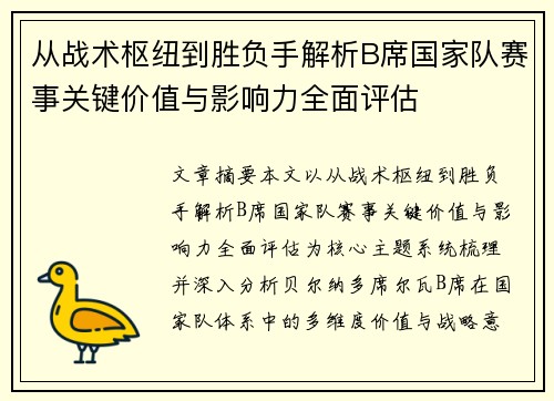 从战术枢纽到胜负手解析B席国家队赛事关键价值与影响力全面评估